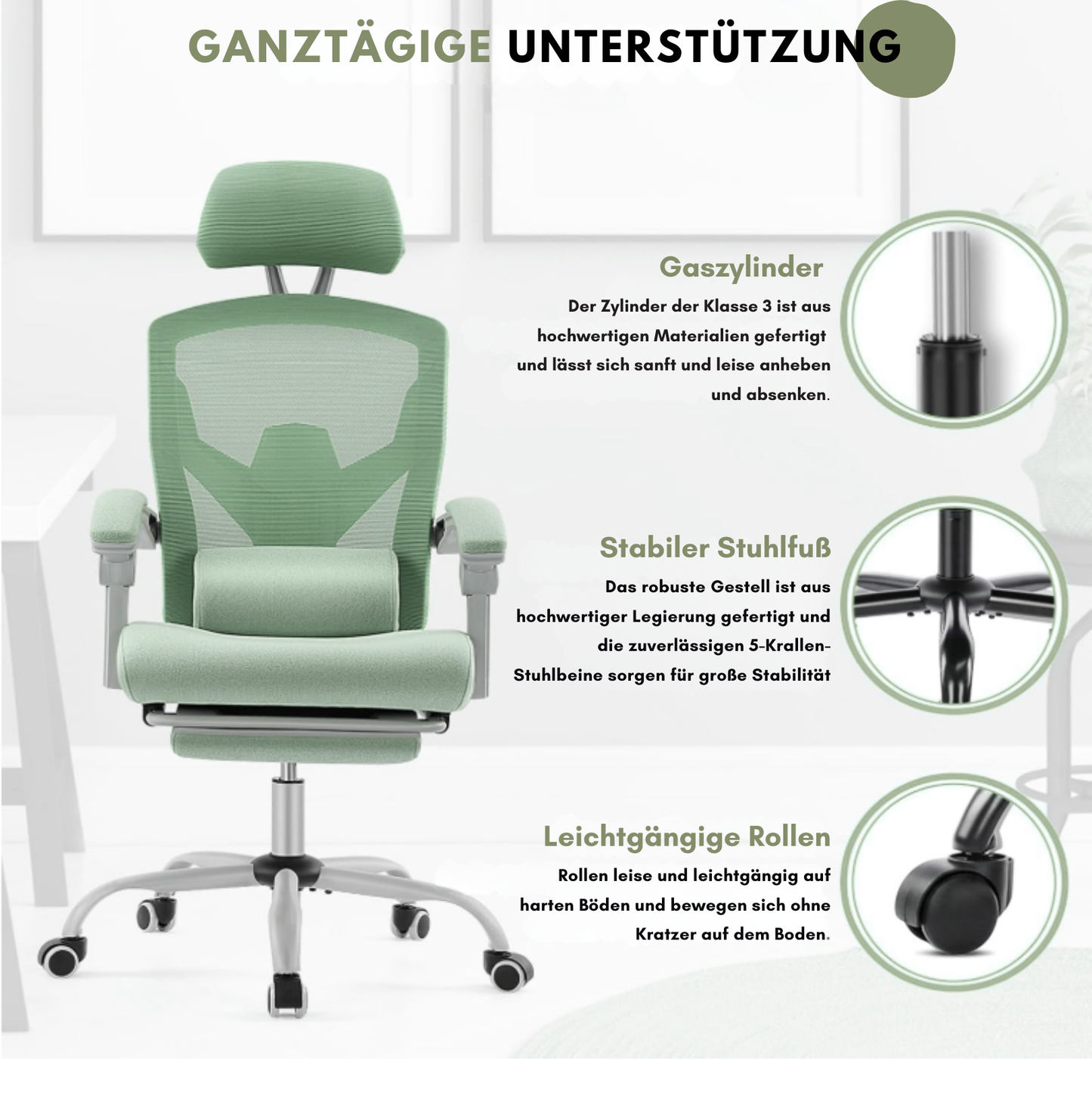 Ergonomischer Bürostuhl mit hoher Rückenlehne, Fußstütze & Lendenkissen – Komfortabel & vielseitig