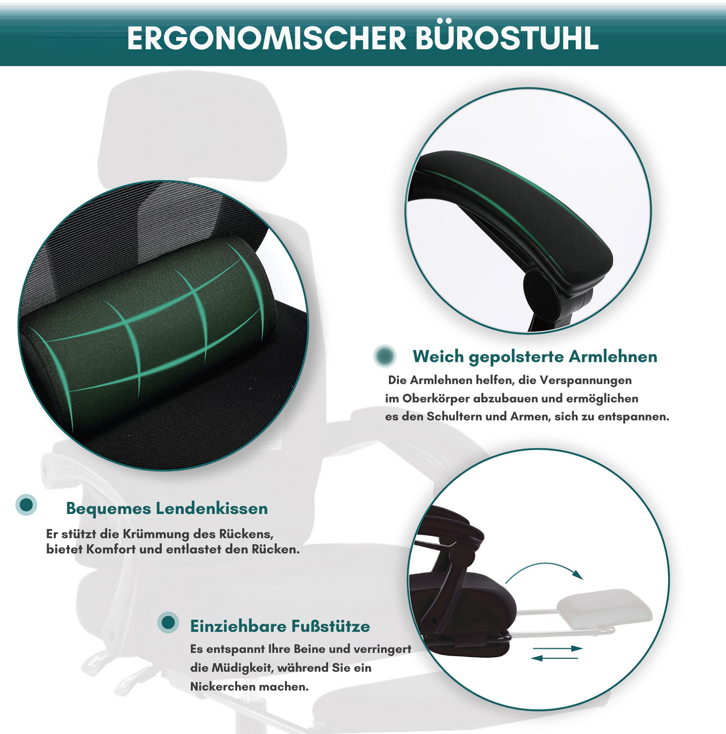 Ergonomischer Bürostuhl mit hoher Rückenlehne, Fußstütze & Lendenkissen – Komfortabel & vielseitig